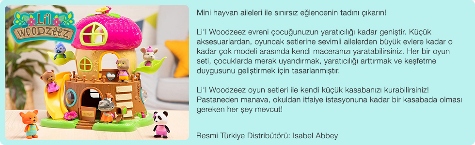 Mini hayvan aileleri ile sınırsız eğlencenin tadını çıkarın! Li'l Woodzeez evreni çocuğunuzun yaratıcılığı kadar geniştir. Küçük aksesuarlardan, oyuncak setlerine sevimli ailelerden büyük evlere kadar o kadar çok modeli arasında kendi maceranızı yaratabilirsiniz. Her bir oyun seti, çocuklarda merak uyandırmak, yaratıcılığı arttırmak ve keşfetme duygusunu geliştirmek için tasarlanmıştır. Li'l Woodzeez oyun setleri ile kendi küçük kasabanızı kurabilirsiniz! Pastaneden manava, okuldan itfaiye istasyonuna kadar bir kasabada olması gereken her şey mevcut!